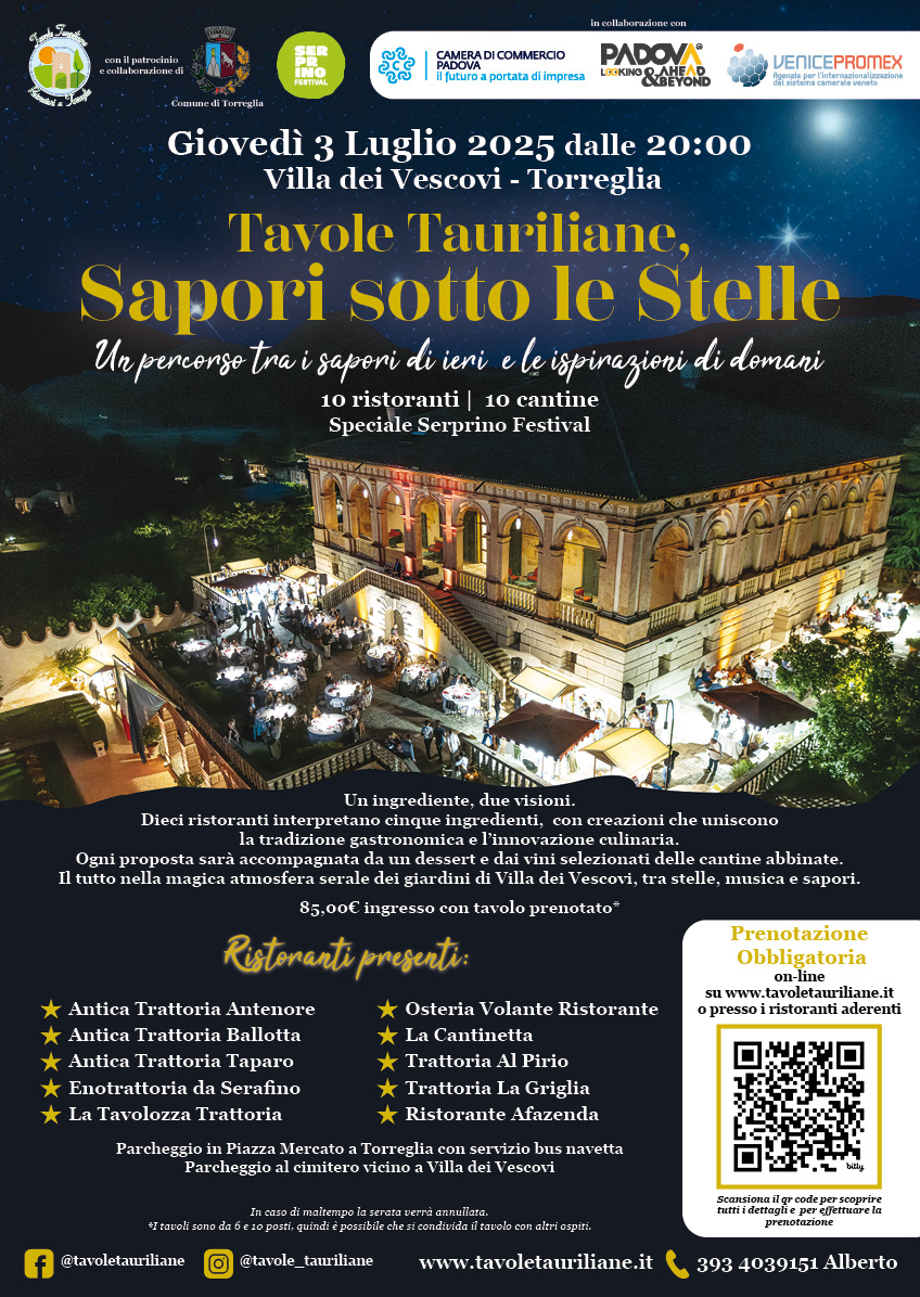 Locandina SAPORI SOTTO LE STELLE 2025 Locandina SAPORI SOTTO LE STELLE 2025 con immagine di Villa dei Vescovi e testo informativo