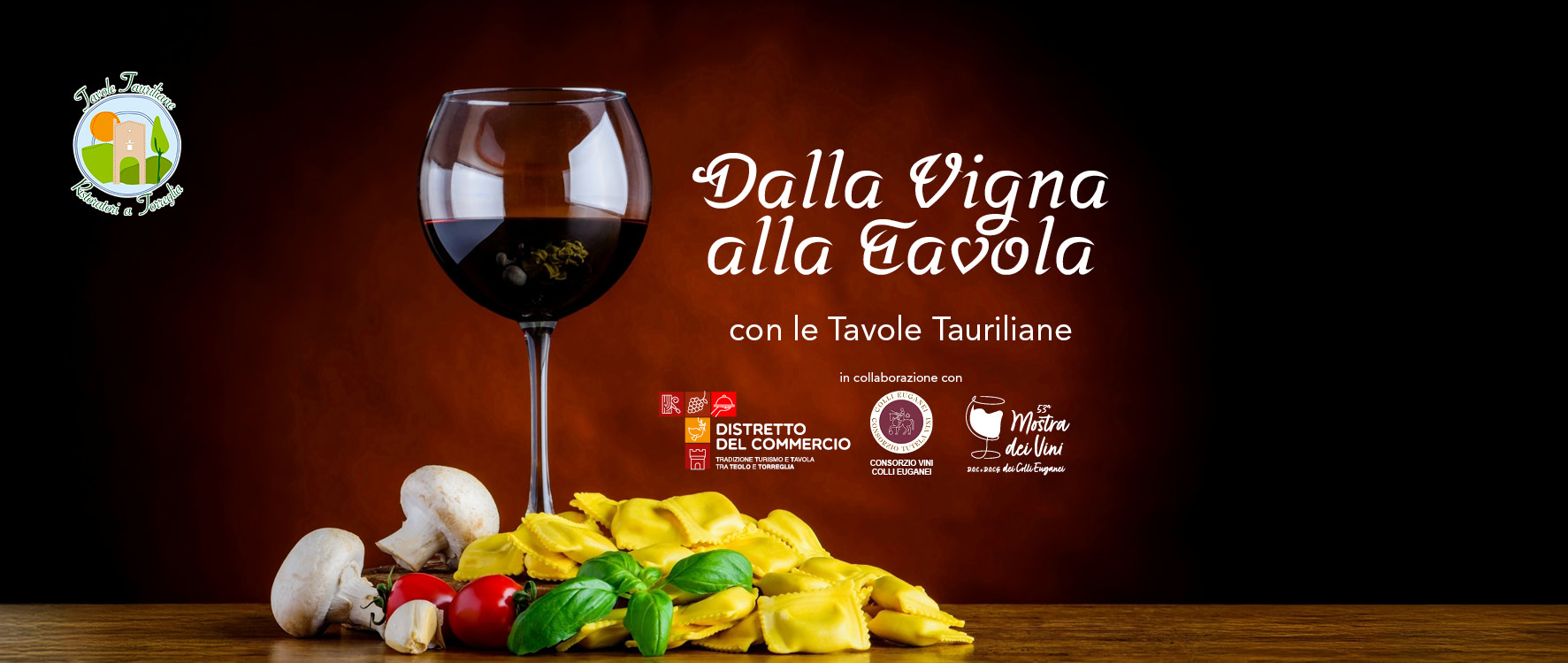 Immagine con un un bicchiere di vino rosso e titolo dell'iniziativa